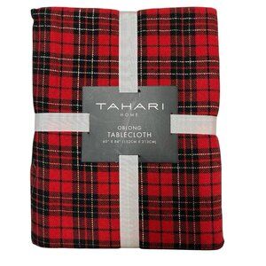 Tahari Home Tablecloth Tartan Plaid Red Black Oblong 60X84" Traditional Holiday